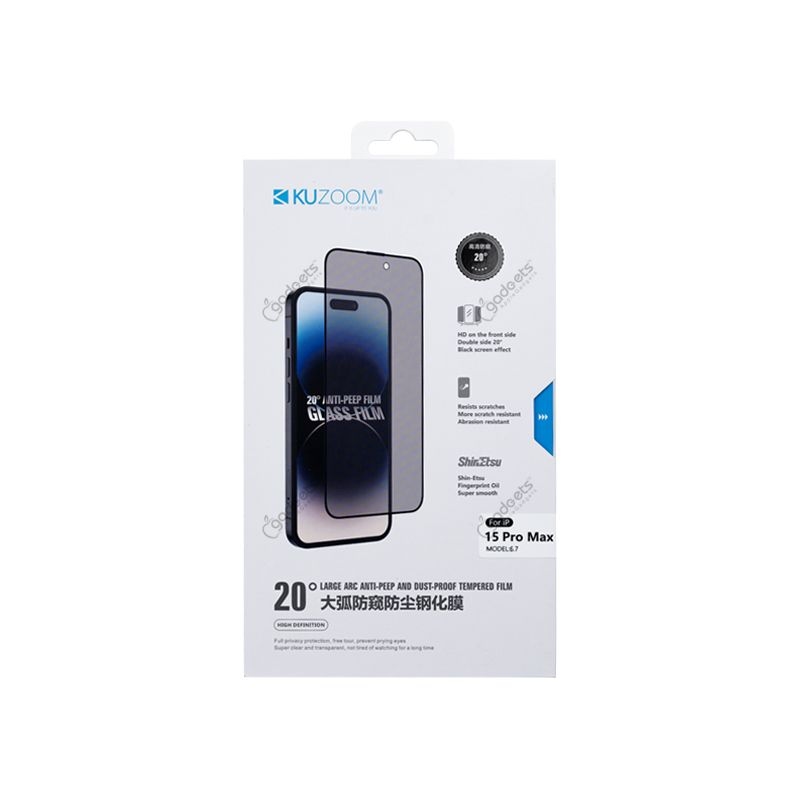 Kuzoom 20° Privacy Dustproof Full Screen Tempered Film for iPhone 15 Pro Max