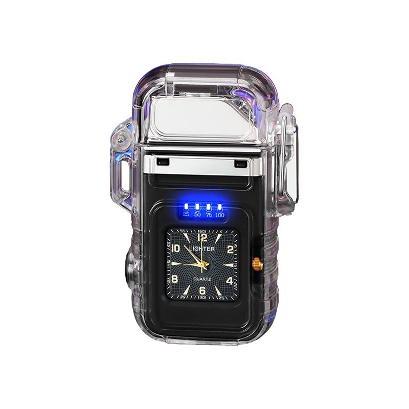 Transparent Colorful LED Arc Lighter with Flash Light & Clock