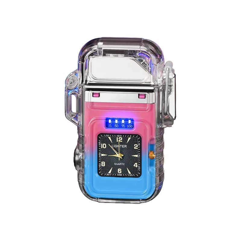 Transparent Colorful LED Arc Lighter with Flash Light & Clock